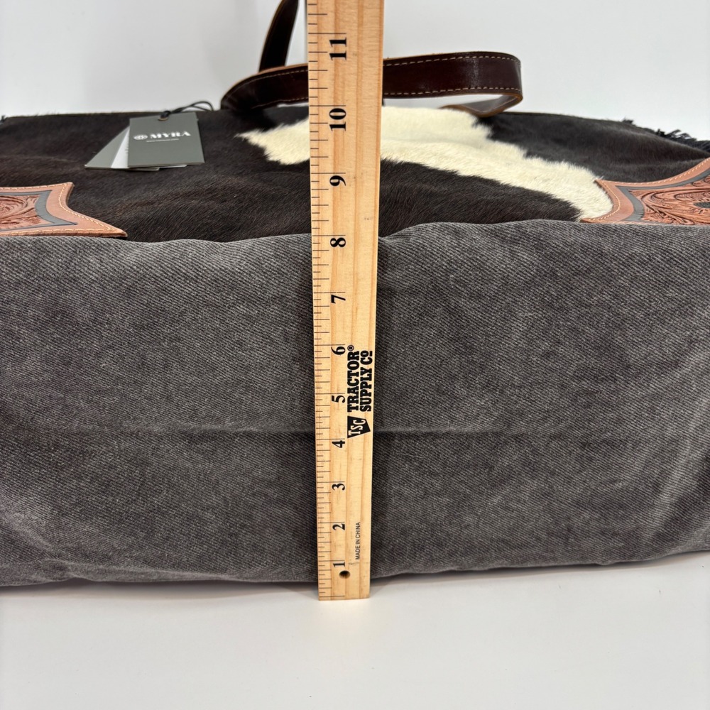 Myra Cartwright Hand-Tooled Bag Weekender Large Black White Cowhide Western Tote - Picture 6 of 12